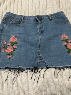 Guess Blue Denim Mini Skirt with Pink Rose Embroidery